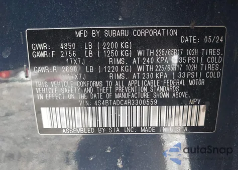 2024 Subaru Outback Premium z USA, uszkodzony, nr VIN 4S4BTADC4R3300559